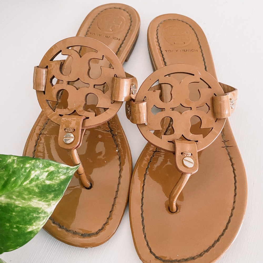 Tory Burch Miller Sandals Patent Tan Leather